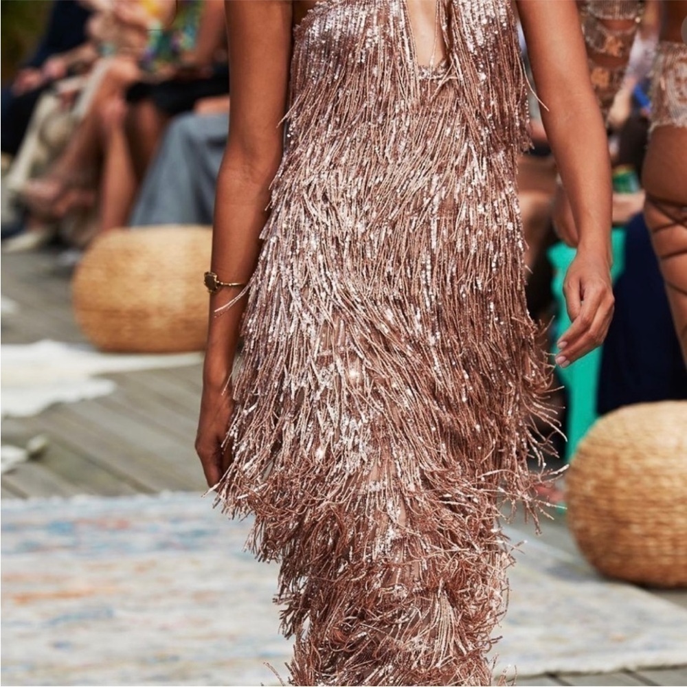 Bronx & Banco | Isle Sequin Fringe Gown In Rose Gold Gown Size L -8 NEW - Picture 11 of 15